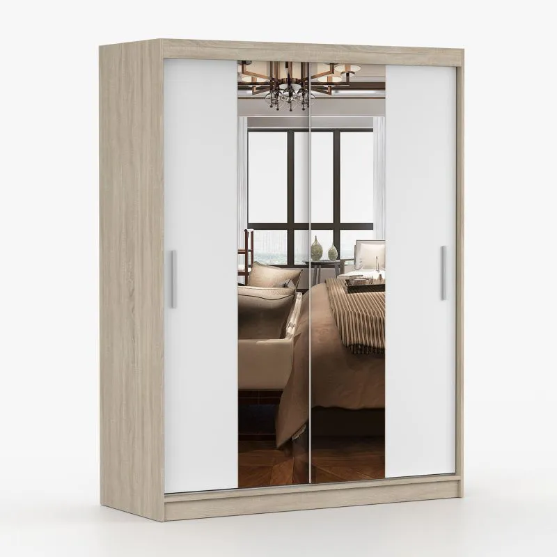 Schiebetürenschrank / Kleiderschrank | Spiegel | 200 x 150 x 61 cm | Weiß / Sonoma Eiche | Bucegi  02 | 2 Türen | 6 Fächer | Griffe: Aluminium