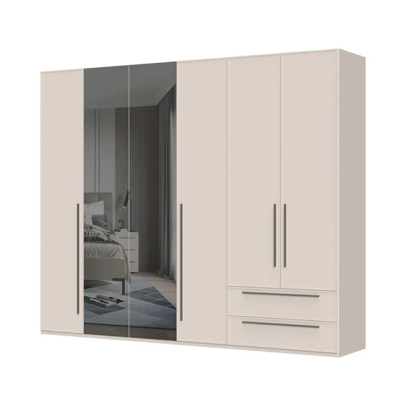 Großer Kleiderschrank mit zwei Spiegeltüren Neiafu 23, Farbe: Kaschmir, zwei Schubladen, Soft-Close-System, Maße: 224 x 272 x 56 cm, drei Kleiderstangen