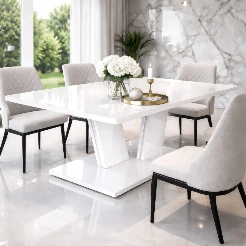 Esstisch Monzelo | Farbe: Weiß Hochglanz | 32 mm starke Tischplatte | für 6 Personen | 160 x 90 x 75 cm |Mittelfuß V-Form | maximale Beinfreiheit