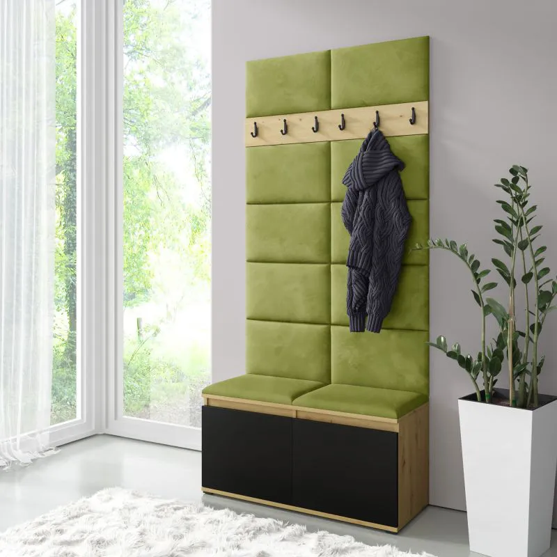 Garderobe 01 mit Polsterpaneele Sitzbank & Wand | Artisan/Schwarz/Yellow Green | 215 x 100 x 40 cm | für 8 Paar Schuhe | 6 Kleiderhaken | 4 Fächer