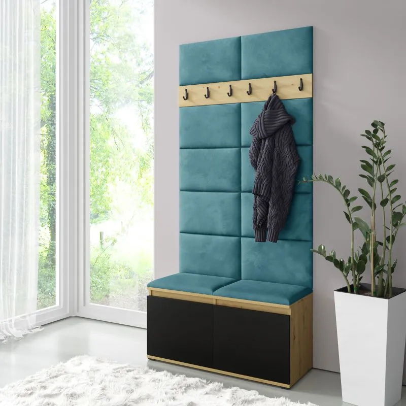 Garderobe 01 für etwa 8 Paar Schuhe | Artisan/Schwarz/Türkis  | 215 x 100 x 40 cm | Polsterpaneele Sitzbank &  Wand | 6 Kleiderhaken | 4 Fächer