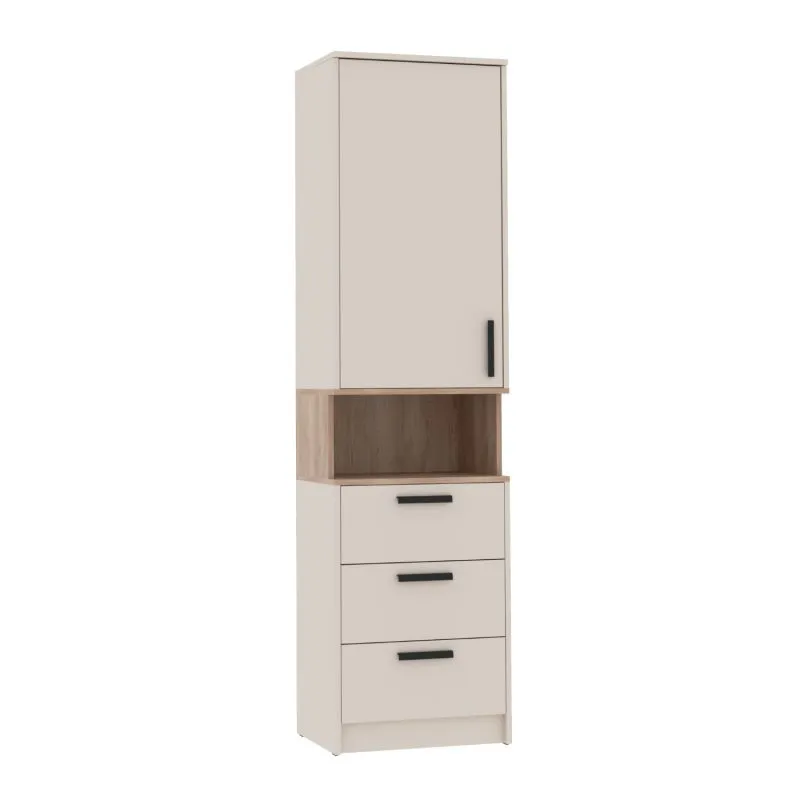 Schrank | Kaschmir / Eiche Cremona | Fafe 06 | 1 Tür | 1 offenes Fach | 3 Schubladen | Zweifarbig | 4 Fächer | Soft Close | 195 x 52 x 40 cm