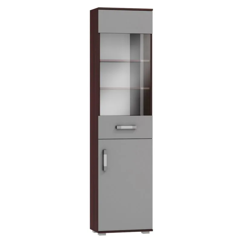 Vitrine Tabubil 23, Farbe: Wenge / Grau - Abmessungen: 200 x 50 x 41 cm (H x B x T)
