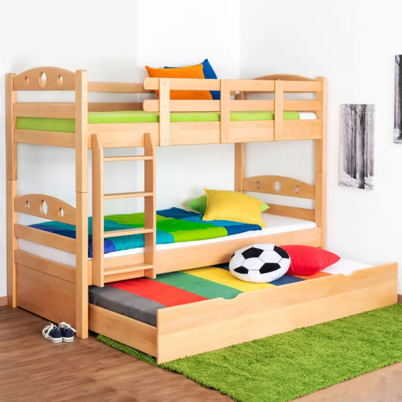 90 x 200 cm Etagenbett inkl. Ausziehbett für 3. Liegeplatz 90 x 190 cm (Bettkasten/Unterkasten) | Massivholz: Buche | Natur Lackiert | umbaubar/teilbar in zwei Einzelbetten | inkl. Rollroste Abbildung