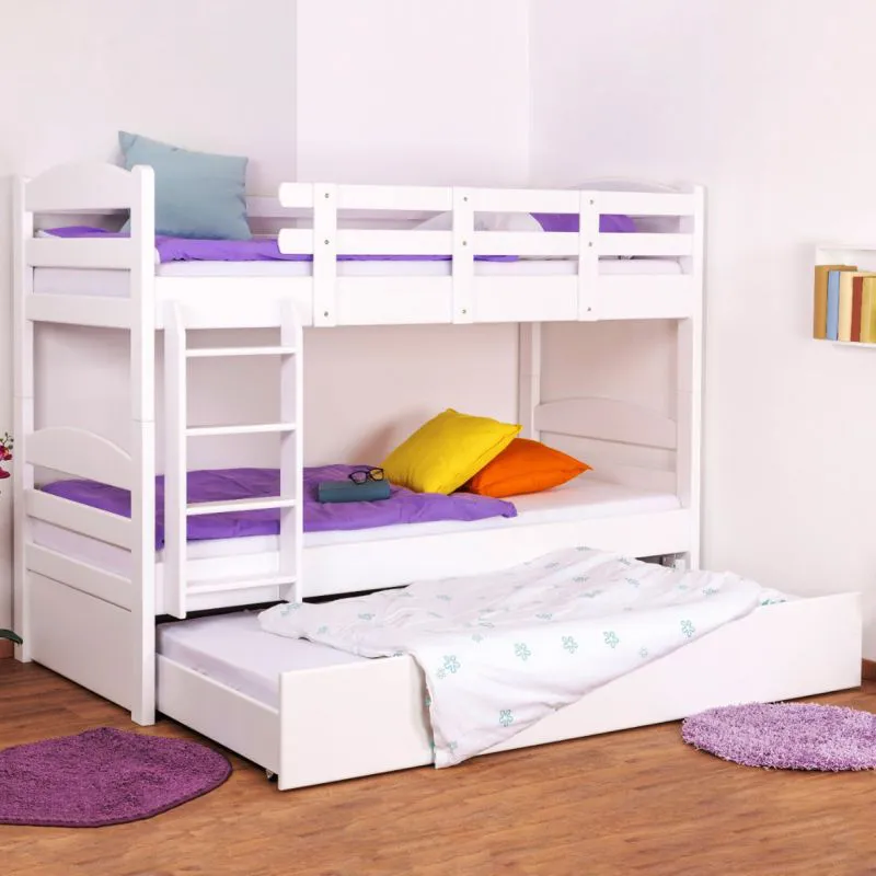 90 x 200 cm Etagenbett inkl. Unterkasten / Ausziehbett für 3. Liegeplatz 90 x 190 cm (Bettkasten/Stauraum) | Massivholz: Buche | Weiß Lackiert | umbaubar/teilbar in zwei Einzelbetten | inkl. Rollroste Abbildung
