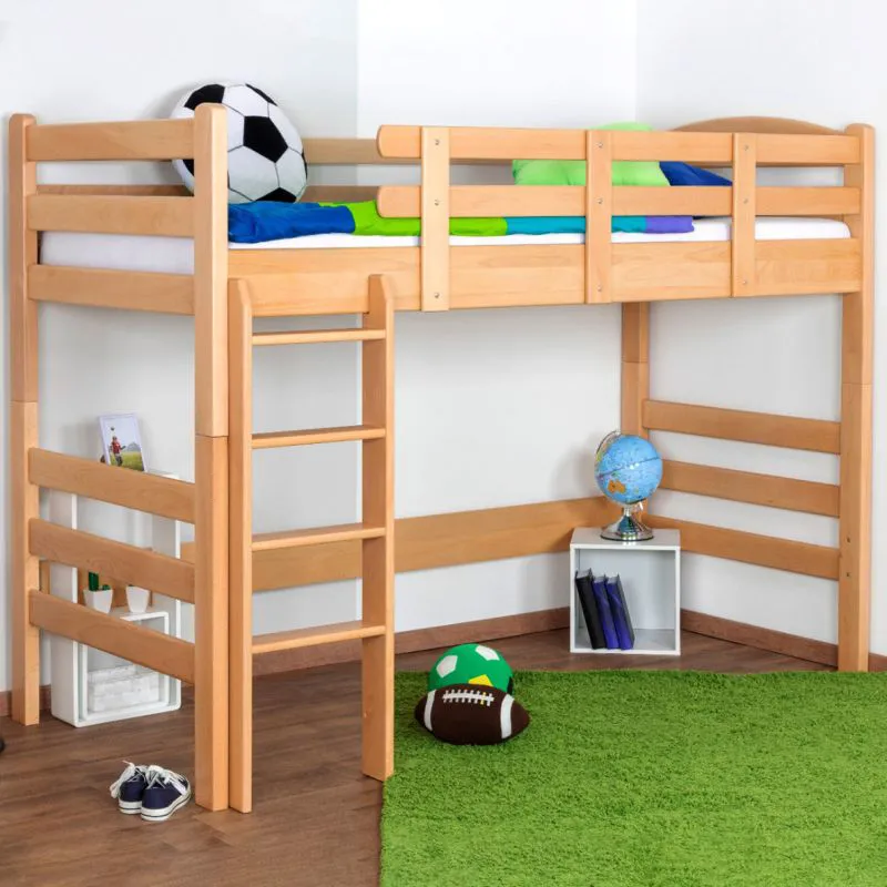 Hochbett 90 x 200 cm | umbaubar in Einzelbett | Massivholz: Buche | Natur Lackiert | inkl. Rollrost Abbildung