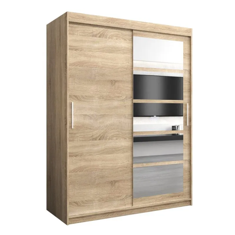 150 cm breiter Schiebetürenschrank mit 2 Türen | 5 Fächer | 2 Kleiderstangen | Farbe: Sonoma Eiche Abbildung