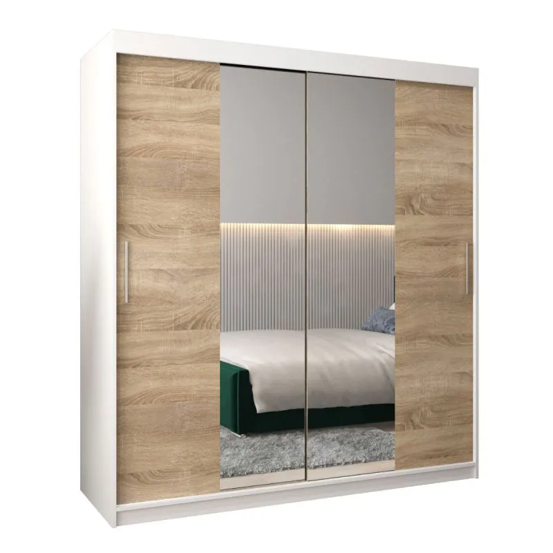 180 cm breiter Schiebetürenschrank mit 2 Türen | 10 Fächer | 2 Kleiderstangen | Farbe: Sonoma Eiche / Weiß Abbildung