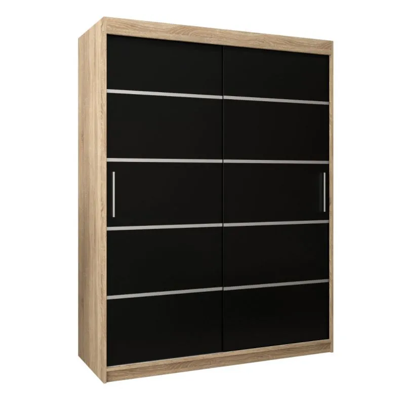150 cm breiter Schiebetürenschrank mit 2 Türen | 5 Fächer | 2 Kleiderstangen | Farbe: Sonoma Eiche Abbildung