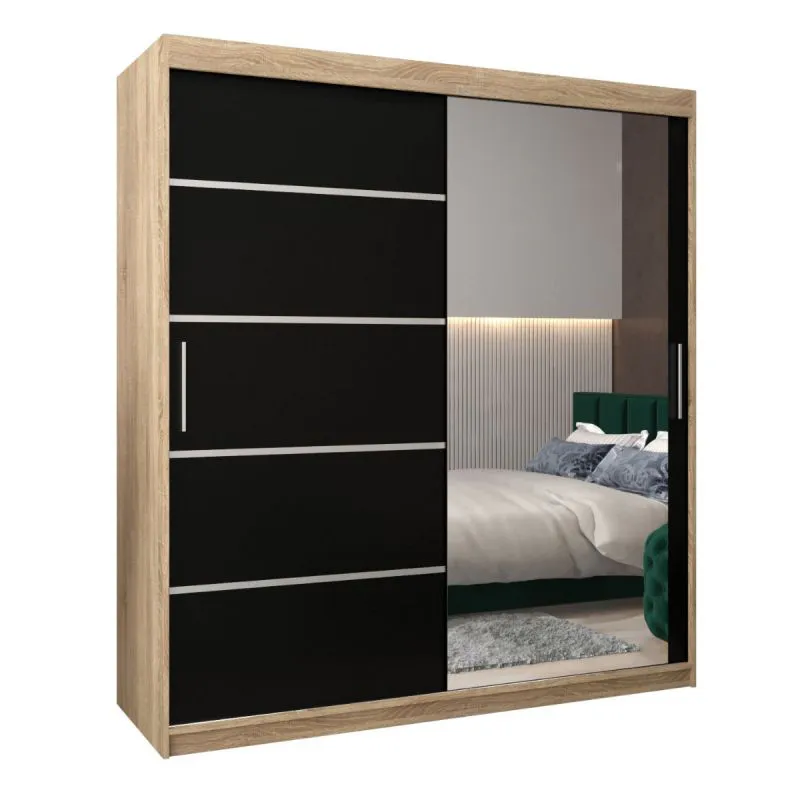 180 cm breiter Schiebetürenschrank mit 2 Türen | 10 Fächer | 2 Kleiderstangen | Farbe: Sonoma Eiche Abbildung