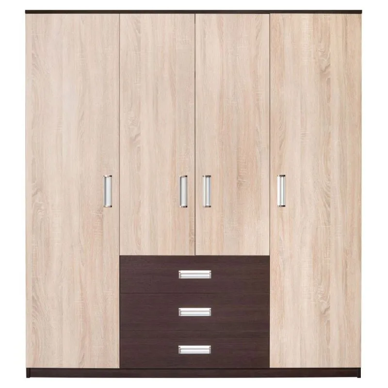 Kleiderschrank | 4 Drehtüren | 3 Schubladen | 6 Fächer | mit 2 Kleiderstangen | 180 cm breit | Farbe: Sonoma Eiche Abbildung