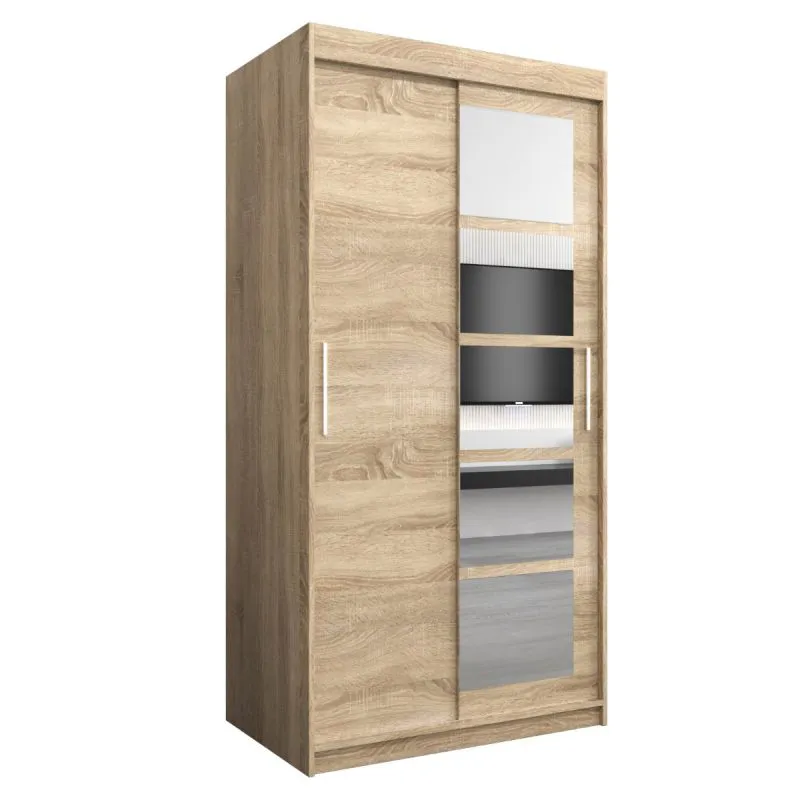 100 cm breiter Schiebetürenschrank mit 2 Türen | 5 Fächer | 2 Kleiderstangen | Farbe: Sonoma Eiche Abbildung