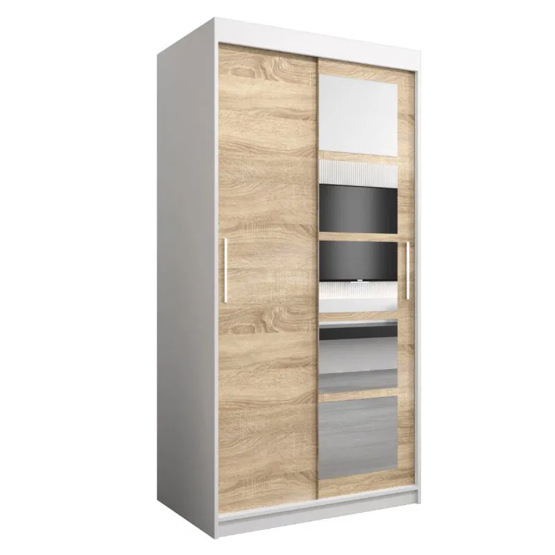 100 cm breiter Schiebetürenschrank mit 2 Türen | 5 Fächer | 2 Kleiderstangen | Farbe: Sonoma Eiche / Weiß Abbildung