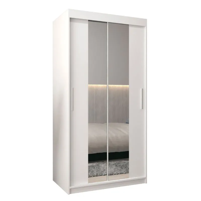 100 cm breiter Schiebetürenschrank mit 2 Türen | 5 Fächer | 2 Kleiderstangen | Farbe: Weiß Abbildung