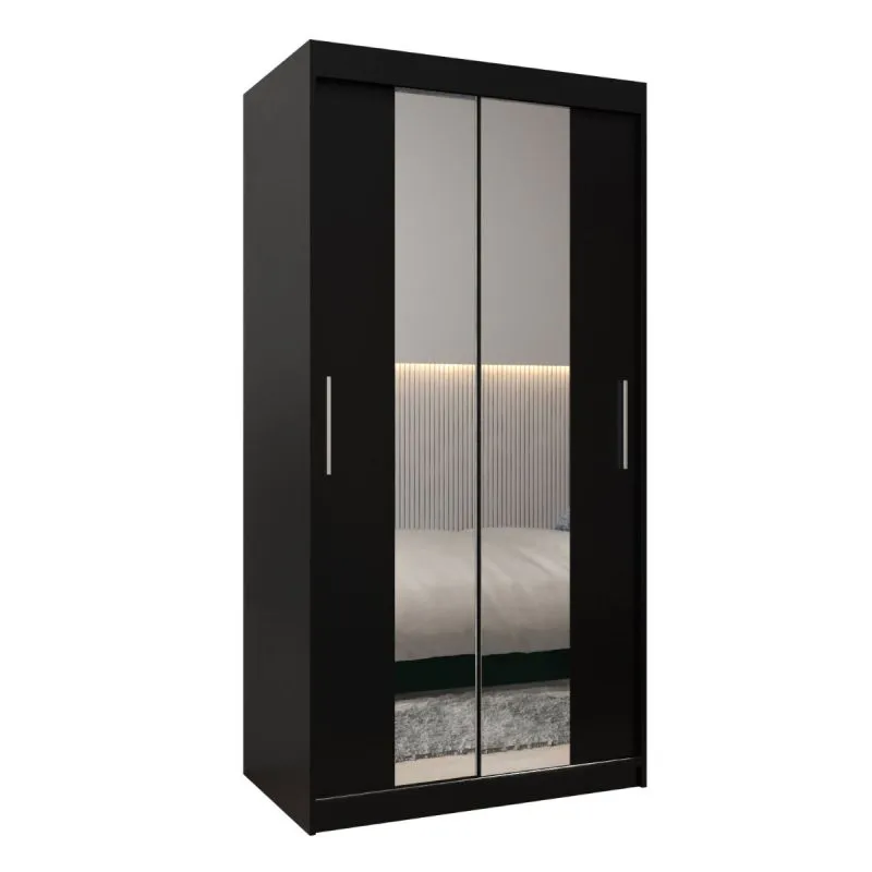 100 cm breiter Schiebetürenschrank mit 2 Türen | 5 Fächer | 2 Kleiderstangen | Farbe: Schwarz Abbildung