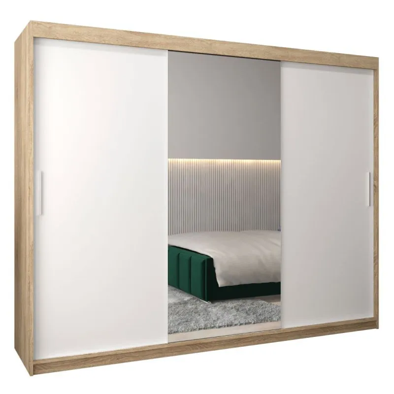 250 cm breiter Schiebetürenschrank mit 3 Türen | 10 Fächer | 2 Kleiderstangen | Farbe: Sonoma Eiche / Weiß Abbildung