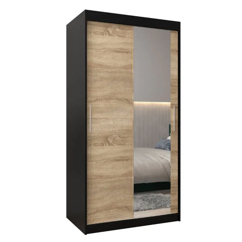 100 cm breiter Schiebetürenschrank mit 2 Türen | 5 Fächer | 2 Kleiderstangen | Farbe: Schwarz Abbildung