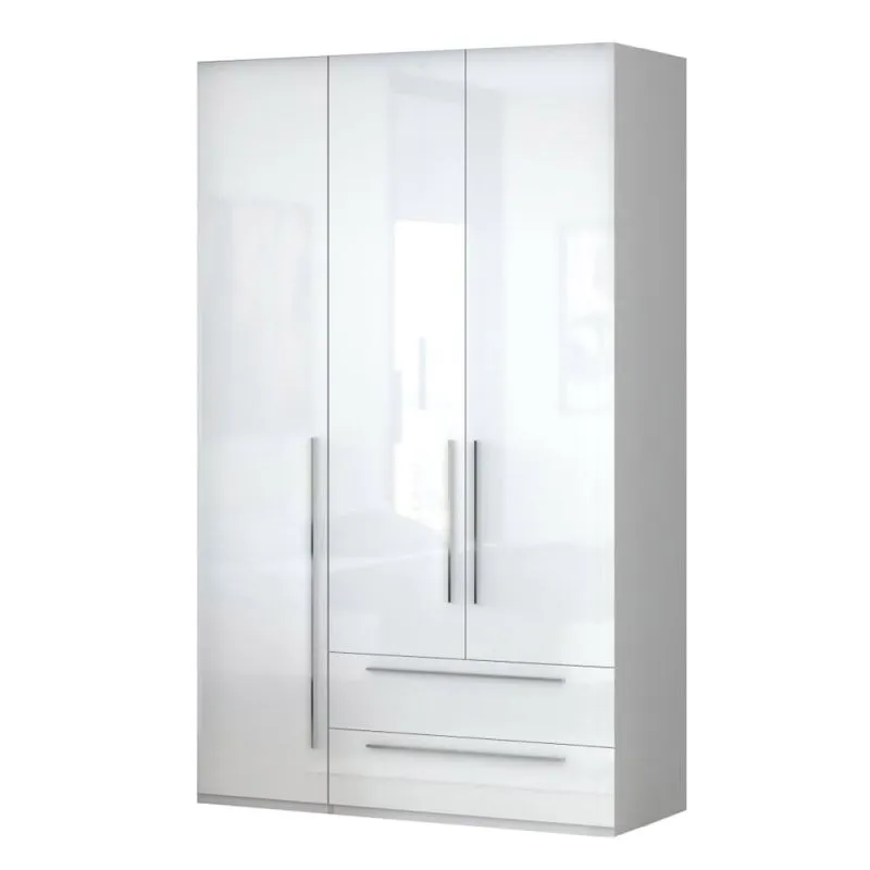 Kleiderschrank | 3 Drehtüren | 2 Schubladen | 4 Fächer | mit 2 Kleiderstangen | 137 cm breit | Farbe: Weiß Abbildung