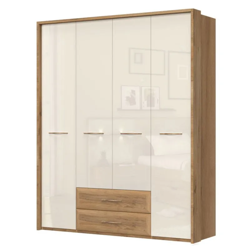 182 cm breiter Kleiderschrank mit 4 Türen, 7 Fächern und 2 Schubladen | Farbe: Beige | Tiefe: 56 cm Abbildung