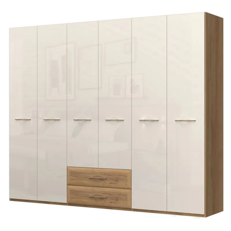 Großer 272 cm breiter Kleiderschrank mit 6 Türen, 7 Fächern und 2 Schubladen | Farbe: Beige | Tiefe: 56 cm Abbildung