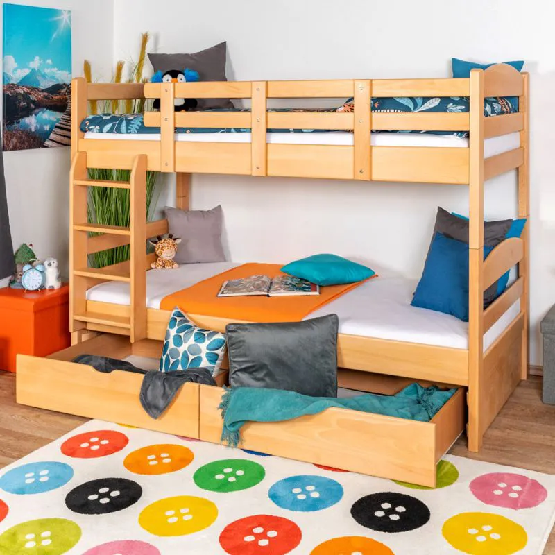 Etagenbett mit Stauraum / 2 Schubladen für Kinder 90 x 200 cm | Massivholz: Buche | Natur Lackiert | umbaubar in 2 Einzelbetten | Premium-Qualität | inkl. Rollroste Abbildung