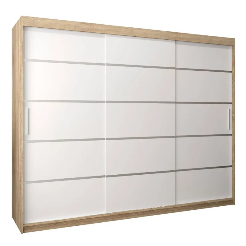 250 cm breiter Schiebetürenschrank mit 3 Türen | 10 Fächer | 2 Kleiderstangen | Farbe: Sonoma Eiche / Weiß Abbildung