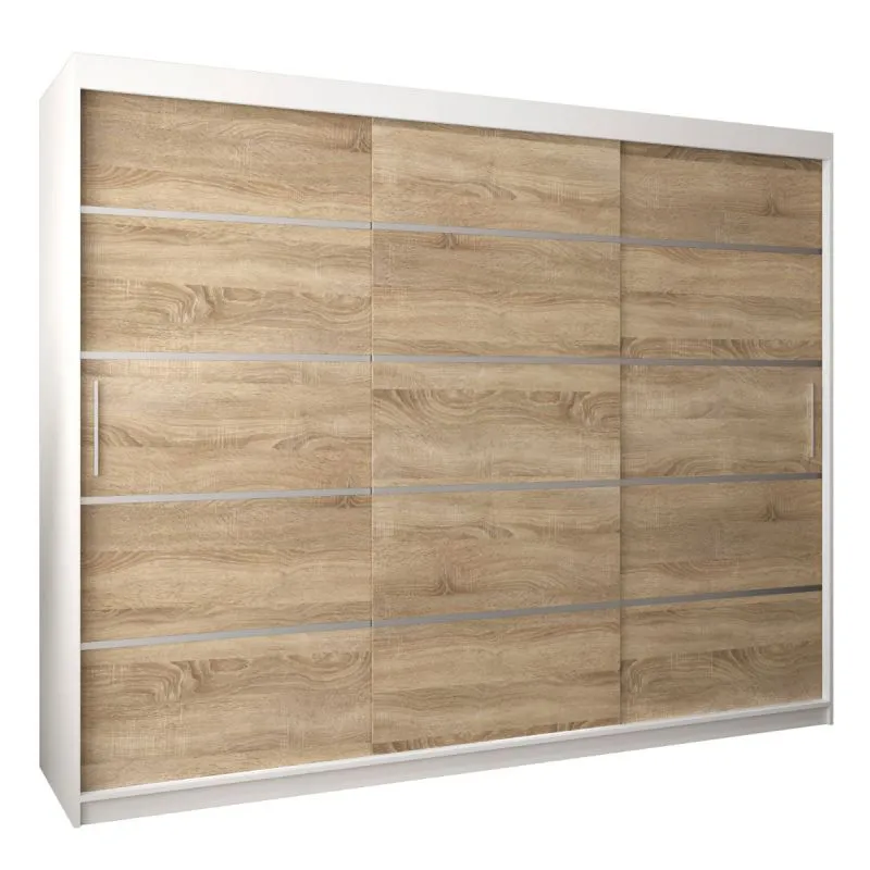 250 cm breiter Schiebetürenschrank mit 3 Türen | 10 Fächer | 2 Kleiderstangen | Farbe: Sonoma Eiche / Weiß Abbildung