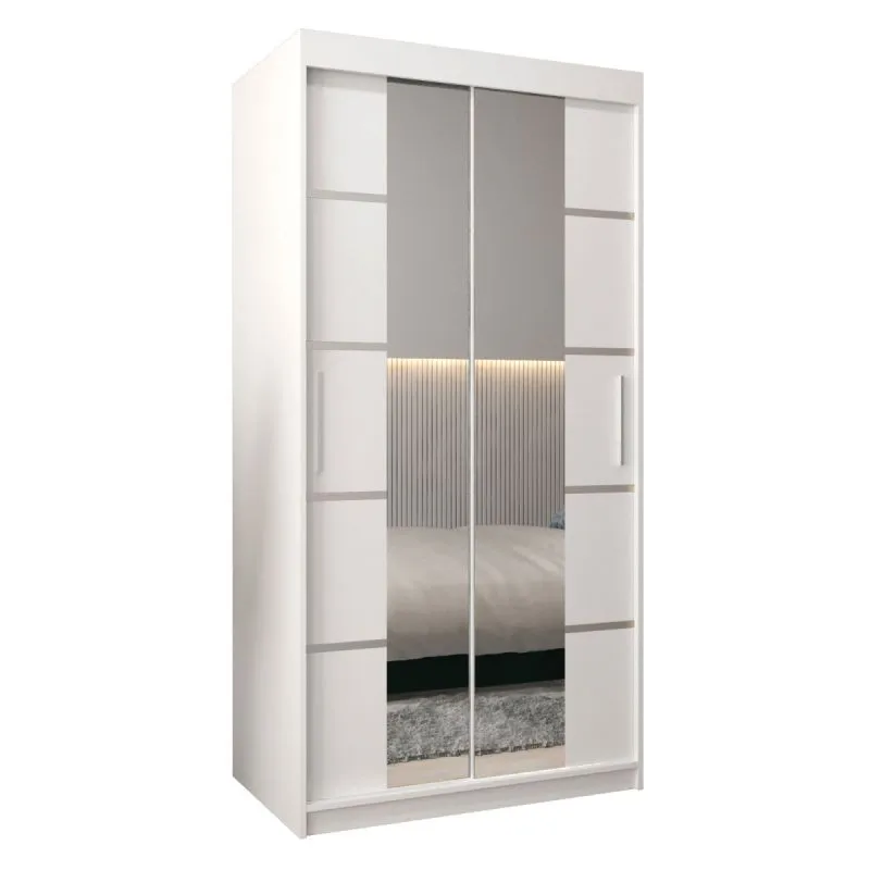 100 cm breiter Schiebetürenschrank mit 2 Türen | 5 Fächer | 2 Kleiderstangen | Farbe: Weiß Abbildung