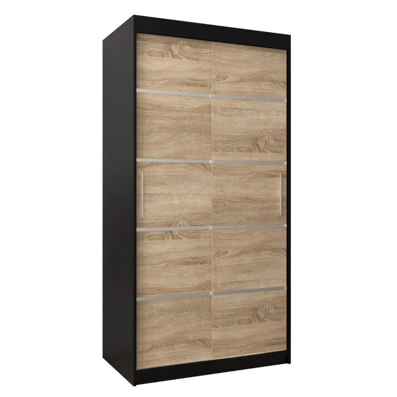 100 cm breiter Schiebetürenschrank mit 2 Türen | 5 Fächer | 2 Kleiderstangen | Farbe: Schwarz Abbildung