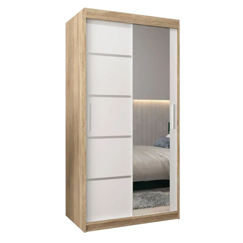 100 cm breiter Schiebetürenschrank mit 2 Türen | 5 Fächer | 2 Kleiderstangen | Farbe: Sonoma Eiche / Weiß Abbildung