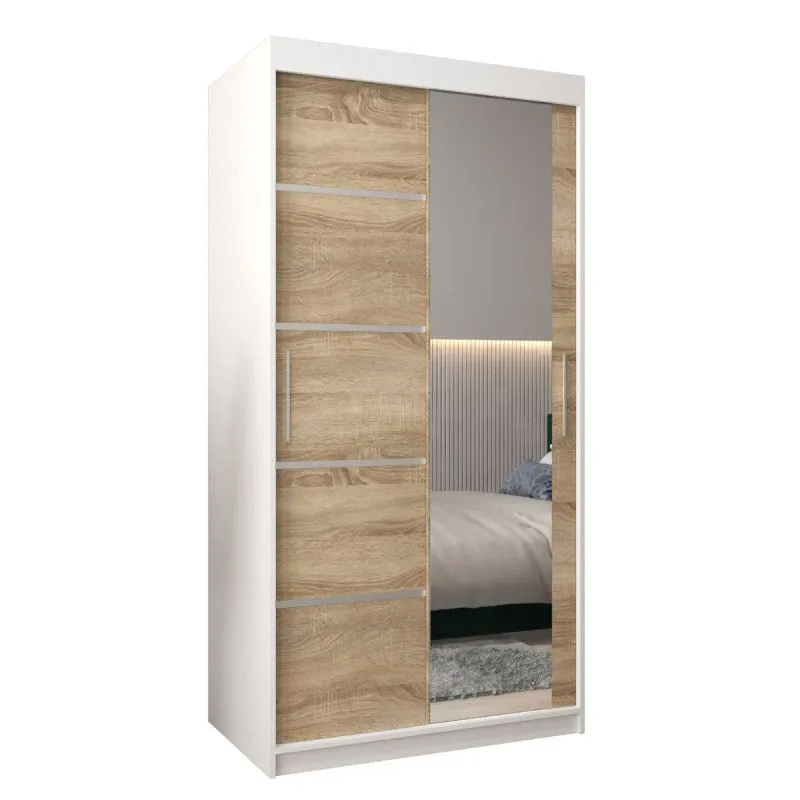 100 cm breiter Schiebetürenschrank mit 2 Türen | 5 Fächer | 2 Kleiderstangen | Farbe: Sonoma Eiche / Weiß Abbildung