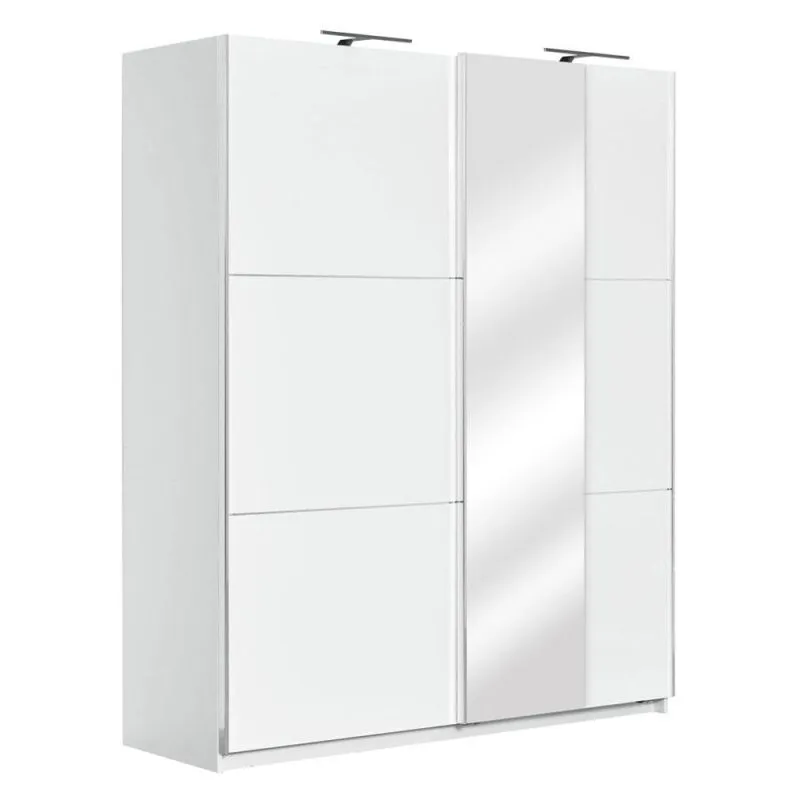 Schlafzimmer - Kleiderschrank mit Spiegel, Farbe: Weiß / Weiß Hochglanz - 222 x 179 x 64 cm (H x B x T) Abbildung