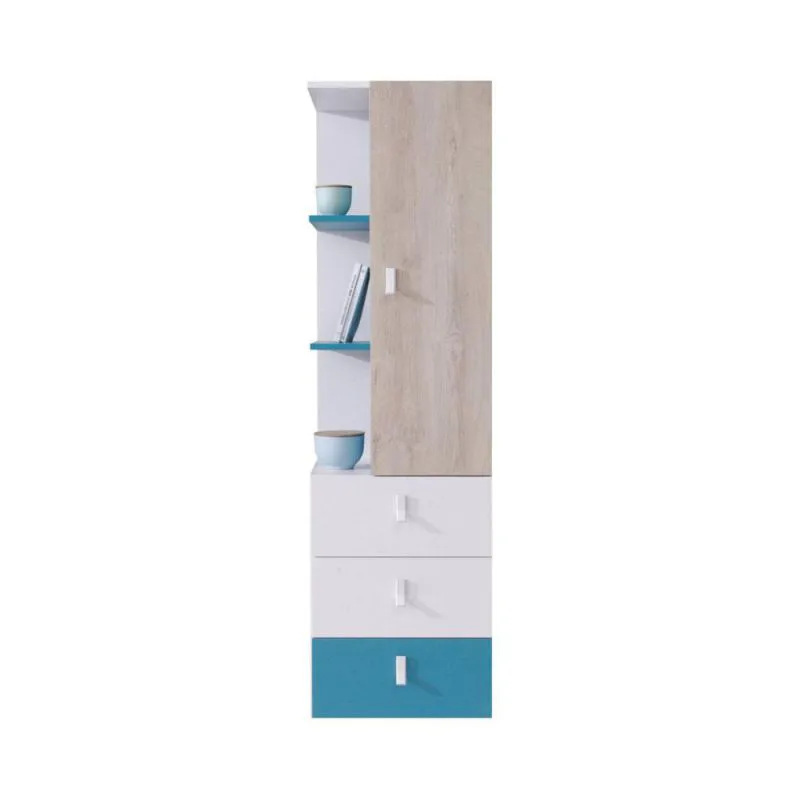 Jugendzimmer - Schrank schmal, Farbe: Eiche / Weiß / Blau - Abmessungen: 160 x 45 x 40 cm (H x B x T) Abbildung