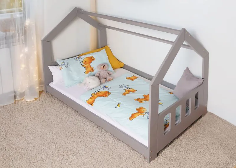 Kinderbett / Hausbett Kiefer Vollholz massiv grau lackiert D2C, inkl. Lattenrost - Liegefläche: 80 x 160 cm (B x L)