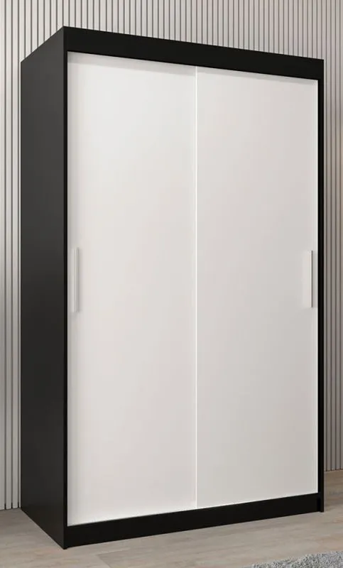 120 cm breiter Schiebetürenschrank mit 2 Türen | 5 Fächer | 2 Kleiderstangen | Farbe: Weiß / Schwarz Abbildung