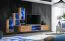 Moderne Wohnwand mit blauer LED-Beleuchtung Volleberg 20, Farbe: Eiche Wotan - Abmessungen: 120 x 210 x 40 cm (H x B x T), mit drei Hängevitrinen