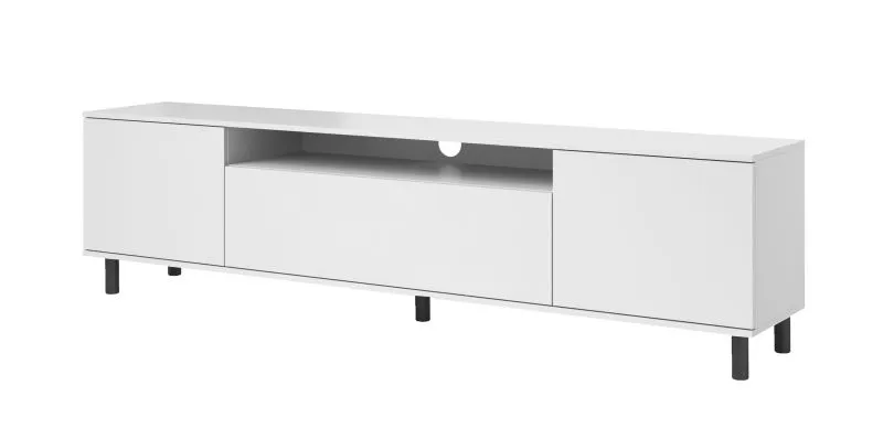 Hängender TV-Schrank / TV-Möbel mit Push-to-open Funktion Zapopan 120, vier Fächer, ein Kabelloch, Farbe: Weiß, Maße: 42 x 180 x 40 cm, eine Kipptür