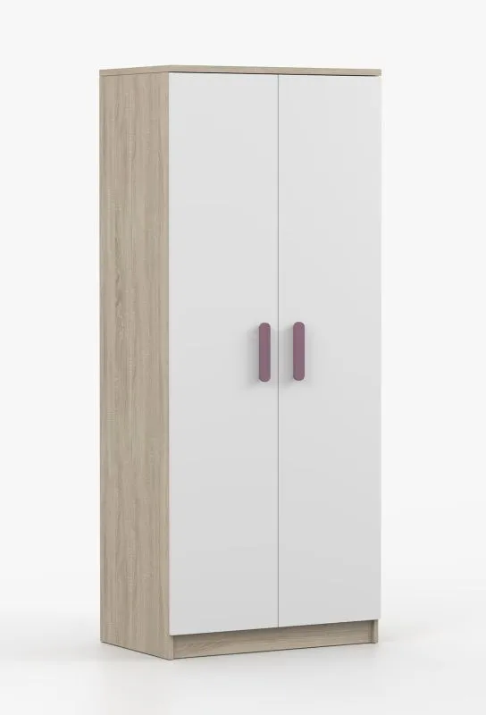 Drehtürenschrank / Kleiderschrank  | 192 x 80 x 50 cm | Weiß / Sonoma Eiche | Smolikas 54 | 2 Türen | Kleiderstange | 5 Fächer | violette Holzgriffe