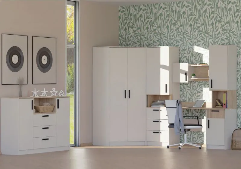 Jugendmöbel - Set J Fafe | 4-teilig | Farbe: Kaschmir / Eiche Cremona | Eckkleiderschrank | Schreibtisch mit Aufsatz | Kommode / Sideboard | Soft-Close-Funktion