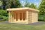 Gartenhaus mit Schneelast von 185 kg/m² aus Holz, inkl. Fußboden, Fichte natur, 38 mm Wandstärke, Terrasse mit Sichtschutz, Pultdach, 3,93 × 3,93 m