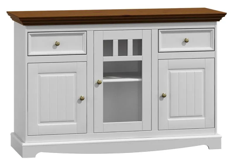 Kommode Gyronde 01, Kiefer massiv Vollholz, Farbe: Weiß / Walnuss - 85 x 130 x 45 cm (H x B x T)