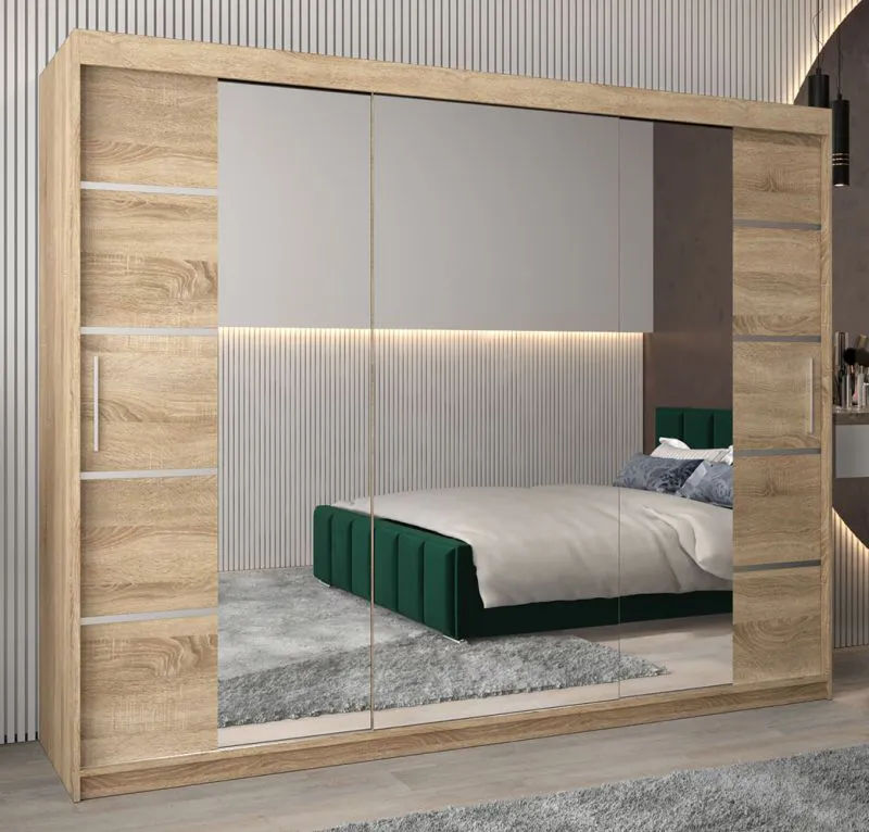 Schiebetürenschrank / Kleiderschrank Jan 06D mit Spiegel, Farbe: Eiche Sonoma - Abmessungen: 200 x 250 x 62 cm (H x B x T)