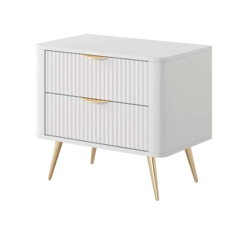 Nachtkommode | 2 Schubladen | ABS-Kantenschutz | Farbe: Weiß | Maße: 55 x 63 x 38 cm | Griffe & Beine: Metall | Lamellen Front | für Schlafzimmer