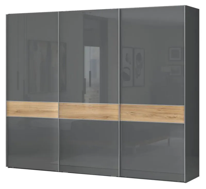 272 cm breiter Schiebetürenschrank mit 3 Türen | 9 Fächer | 3 Kleiderstangen | Farbe: Anthrazit Abbildung