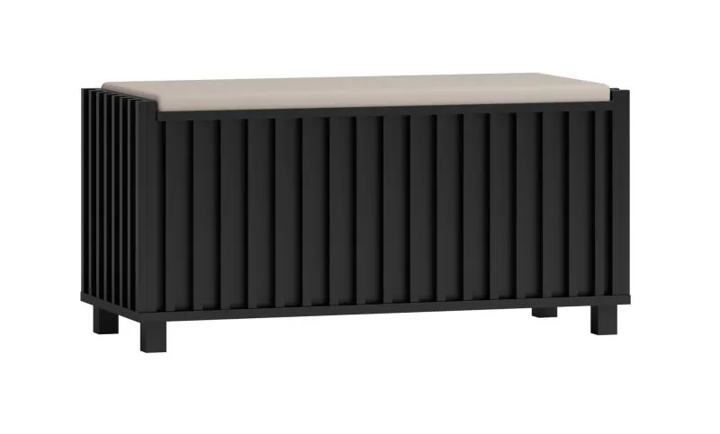 Sitzbank mit Stauraum mit weißer Polsterung, schwarze Truhe, 48 x 99 x 40 cm, aufklappbare Sitzfläche, Metallbeine, ABS-Kanten