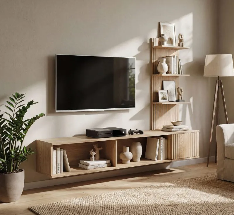 Wohnwand | Farbe: Eiche Cremona | geriffelte Front | Push-to-open Funktion | hochwertig Verarbeitet | 148 x 35 x 160 cm | schlichtes Design | für Wohnzimmer