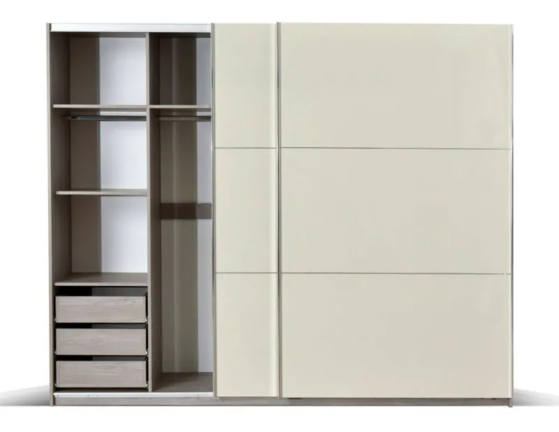 Großer Kleiderschrank | 2 Schiebetüren | 3 Schubladen | 10 Fächer | mit 2 Kleiderstangen | 269 cm breit | Farbe: Eiche Abbildung