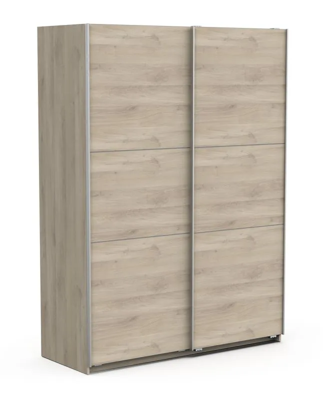 Kleiderschrank mit zwei Schiebetüren Liganga 03, Farbe: Eiche Sonoma, Melaminbeschichtet, Maße: 203 x 148 x 60 cm, zwei Kleiderstangen, zwei Fächer
