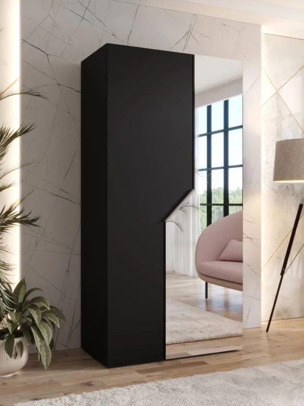 Kleiderschrank | 1 Spiegeltür | Farbe: Schwarz | 1 Fach | 1 Kleiderstange | Griffe: Kaschmir | Drehtürenschrank | Maße: 100 x 52 x 202 cm | Soft-Close-Funktion