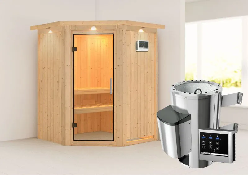 Sauna "Loran" SET mit Klarglastür und Kranz - Farbe: Natur, Ofen externe Steuerung easy 3,6 kW - 165 x 165 x 202 cm (B x T x H)